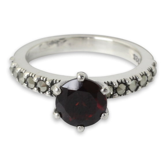NOVICA Garnet and marcasite solitaire ring, 'Forever Love'