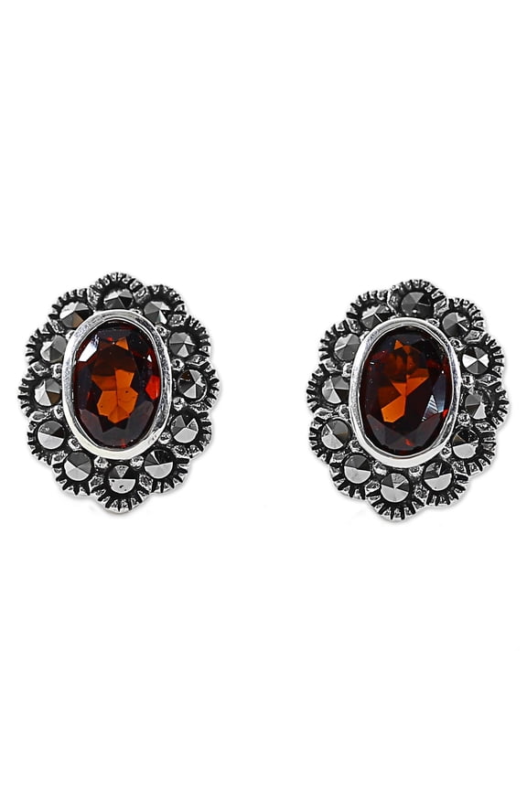 Artisan Handmade Garnet Marcasite Stud Earrings from Thailand Sterling Silver Red Tone Aurora Birthstone [0.5 in L x 0.4 in W] ' Red Lotus Flowers'