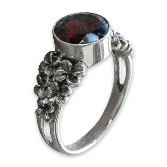 NOVICA Garnet flower ring, 'Crimson Frangipani'