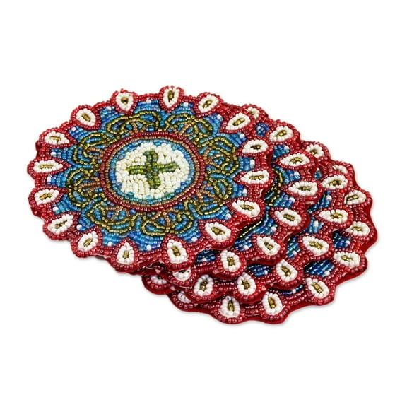 NOVICA Glass beaded coasters, 'Floral Brilliance' (set of 4)
