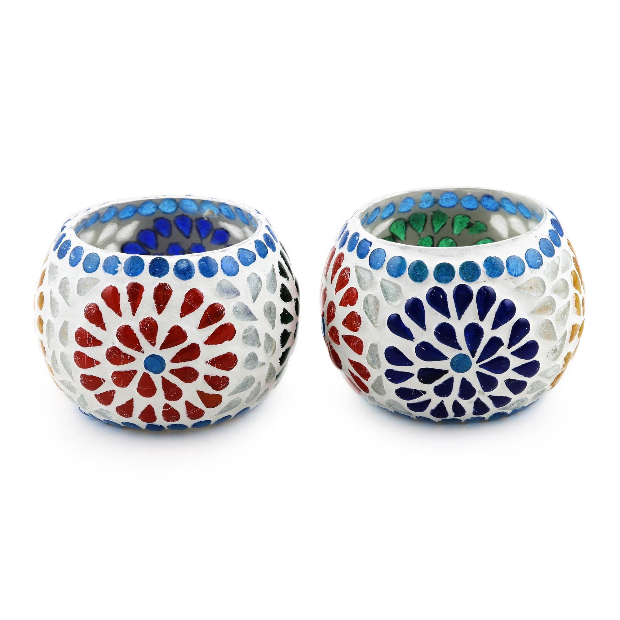 Colorful Mosaic Glass Tealight Holders with Floral Design