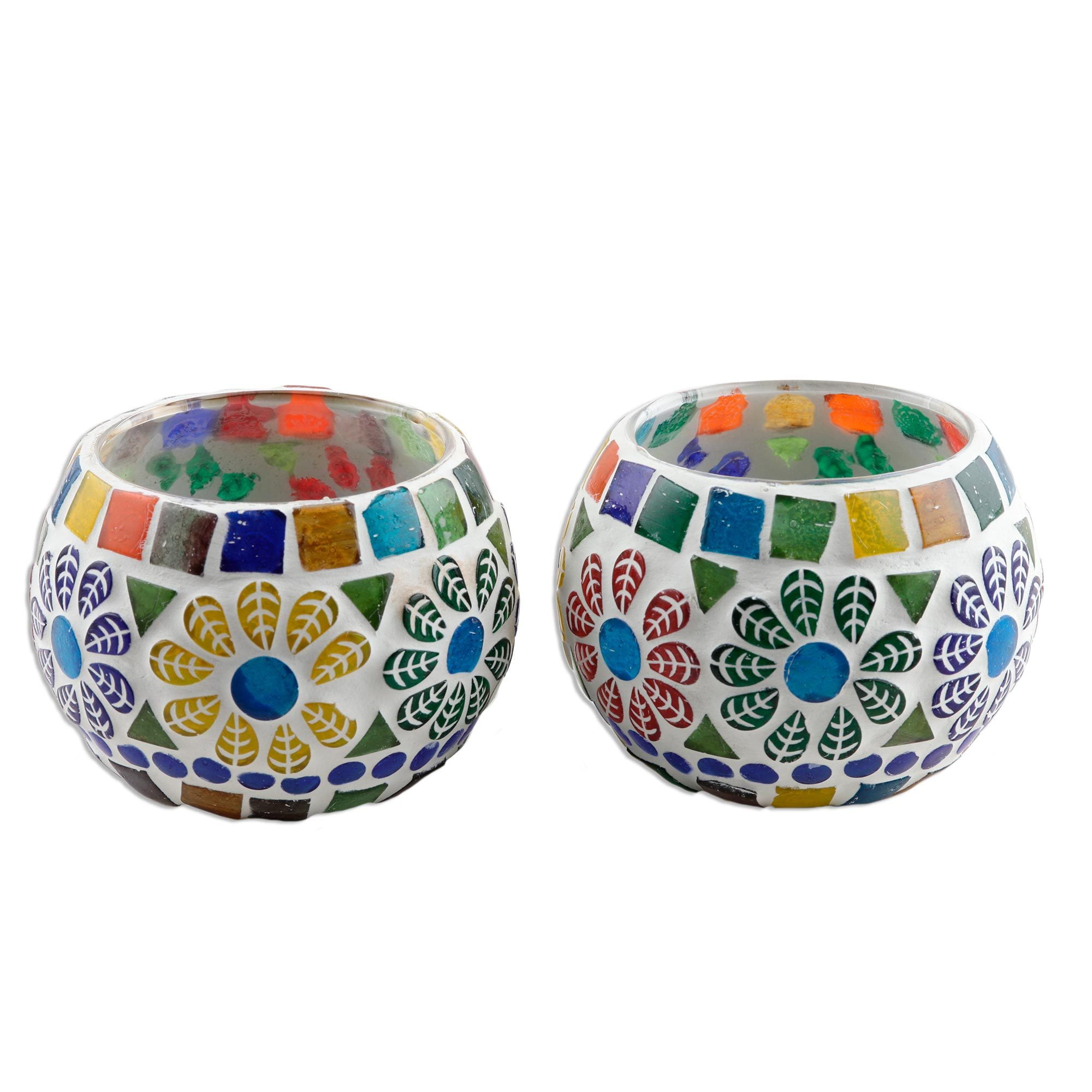 Colorful Mosaic Glass Tealight Holders with Floral Design