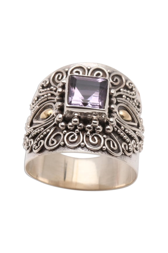 Gold accent amethyst cocktail ring, 'Lilac Window'