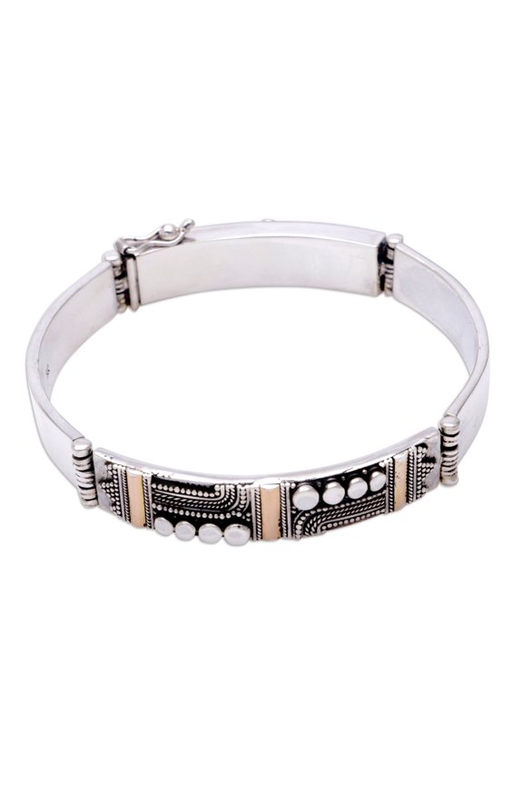 Artisan Handmade Gold Accent Bangle Bracelet Sterling Silver No Stone Indonesia Balinese Traditional [6.75 in L x 0.4 in W] ' Graceful Spell'