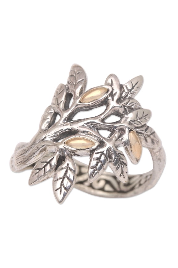 Artisan Handmade Goldaccented Cocktail Ring with Leaf Motif .925 Sterling Silver Indonesia Tree 'Tropical Winter'