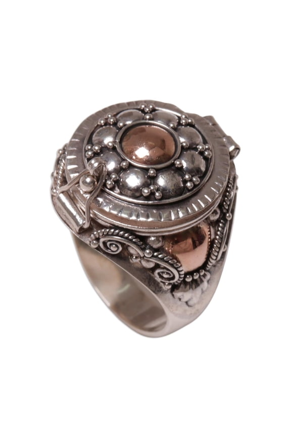 Gold accented sterling silver locket ring, 'Shining Secrets'