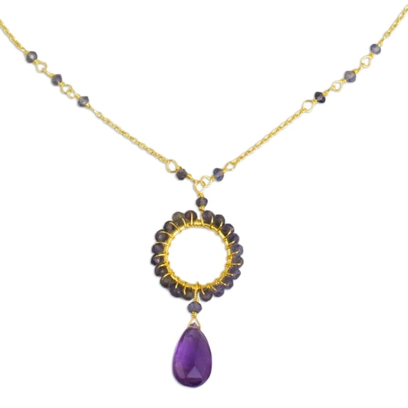 NOVICA Gold plated iolite and amethyst pendant necklace, 'Iris Rain'
