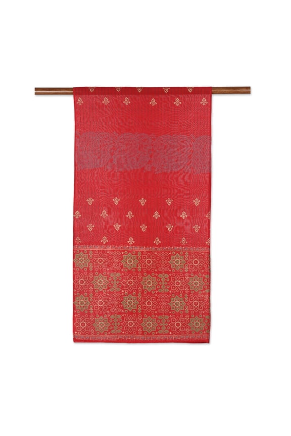 Artisan Handmade Cotton Blend Shawl | Block-Printed Silk from India | Red and Gold Tone Accessories | 'Eternal Flame'