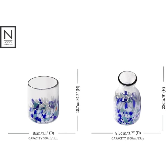 NOVICA Handblown Glass Decanter with Cup | Blue Confetti Artisan Drinkware for Wine Water | Dishwasher Safe