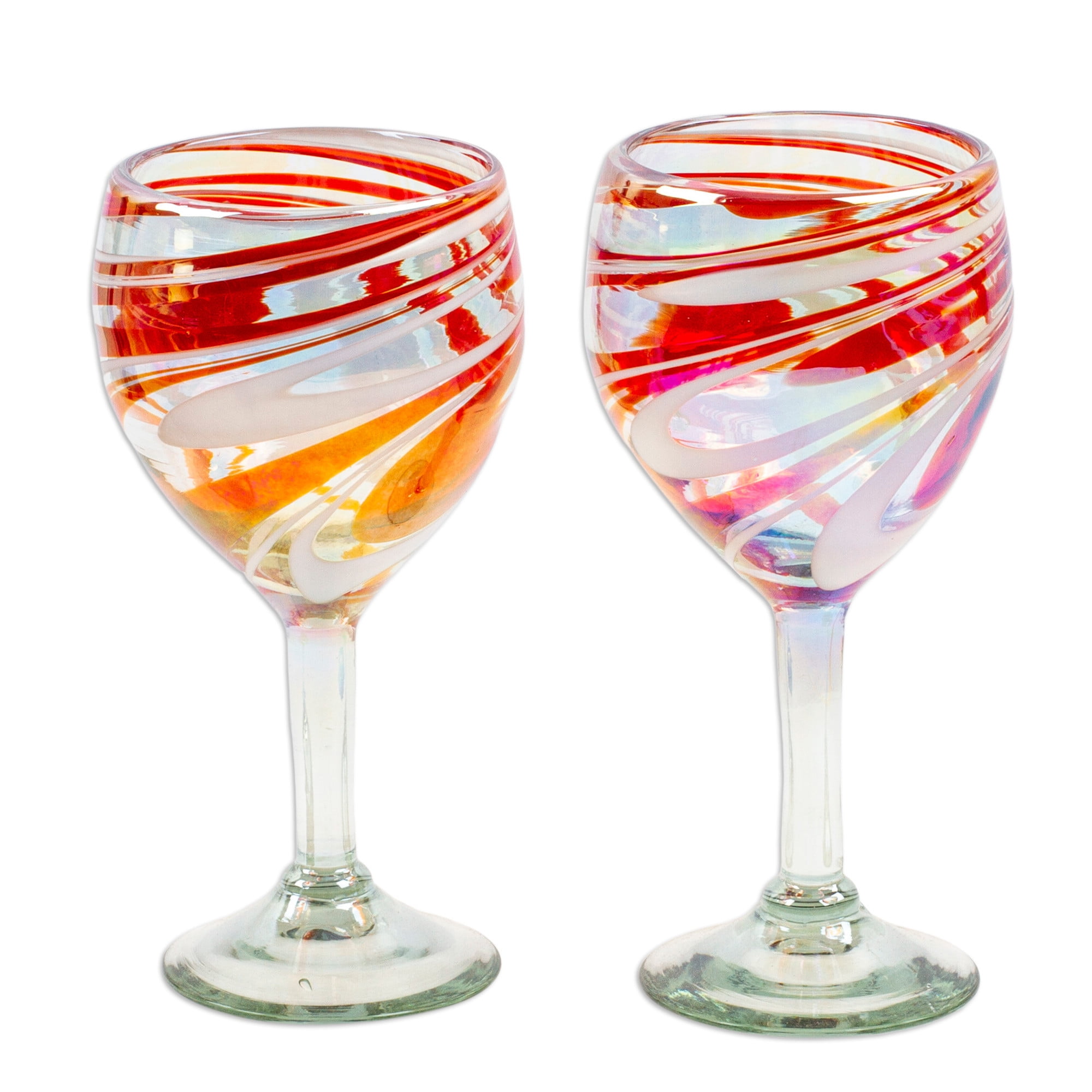 Handblown Red and White Spiral Pattern Wine Glass Pair