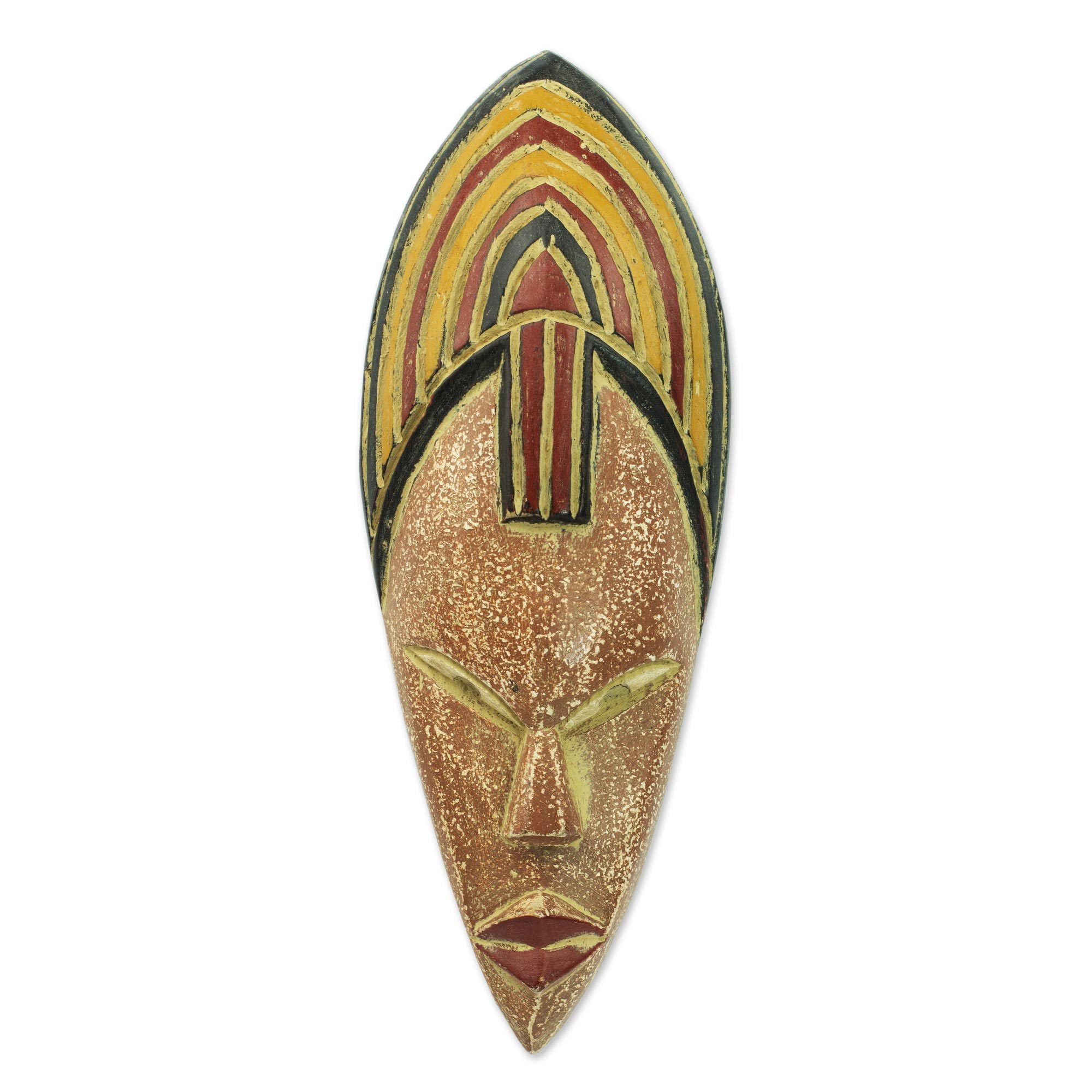NOVICA Ghanaian Wood Wall Mask With Aluminum Accents - Handcrafted African Kerfi 'Strength' Design By Artisan Godfred France