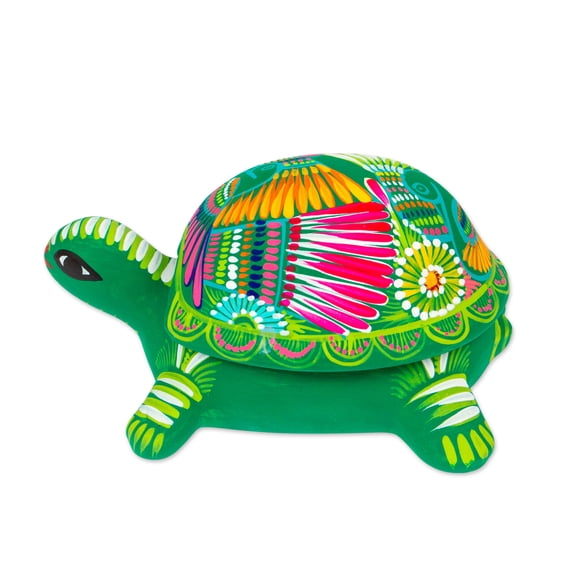 NOVICA Handmade Ceramic Decorative Box Painted Turtle from Mexico Green Accessories Animal Themed 'Protective Turtle'