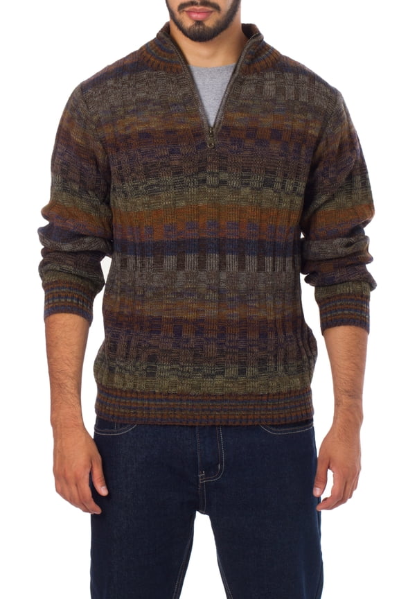 Handmade Men's Alpaca Cardigan Peruvian with Zipper Wool Clothing Multicolor Pullovers Patterned ' Traveler'