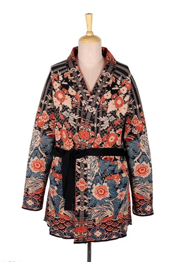 Artisan handmade jacquard knit cardigan with tie belt cotton clothing sweater multicolor cardigans india floral ' flowers of the orient'
