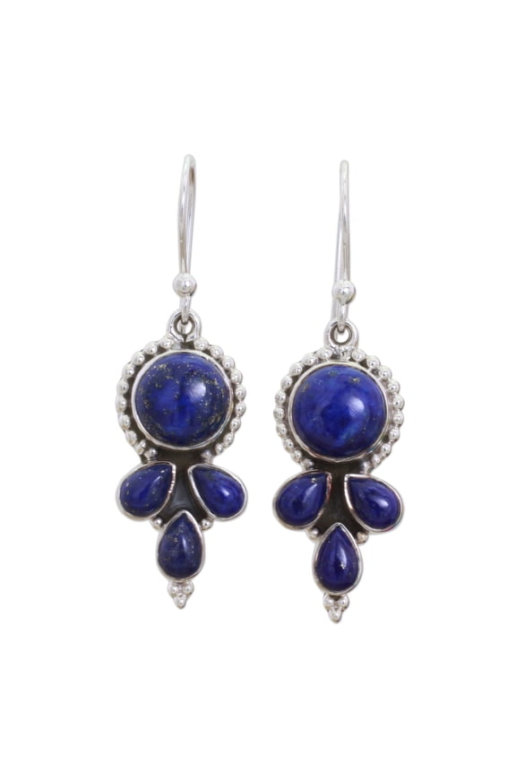 Artisan Handmade Lapis Lazuli Dangle Earrings Indian Sterling Silver [1.7 in L x 0.5 in W x 0.2 in D] ' Starry Fantasy'