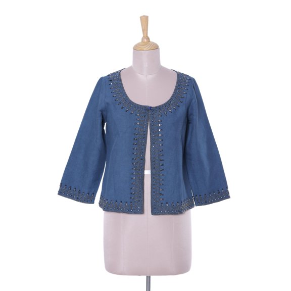 NOVICA Artisan Handmade Linen Cotton Blend Jacket Blue Beaded Short Clothing Coat Reflecting Pond India Embellished ' Beaded Blue Elegance'