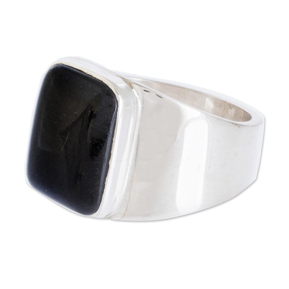 NOVICA Artisan Handmade Men's Jade Single Stone Ring Black Statement from Guatemala .925 Sterling Silver Gemstone 'Virtue in Black'