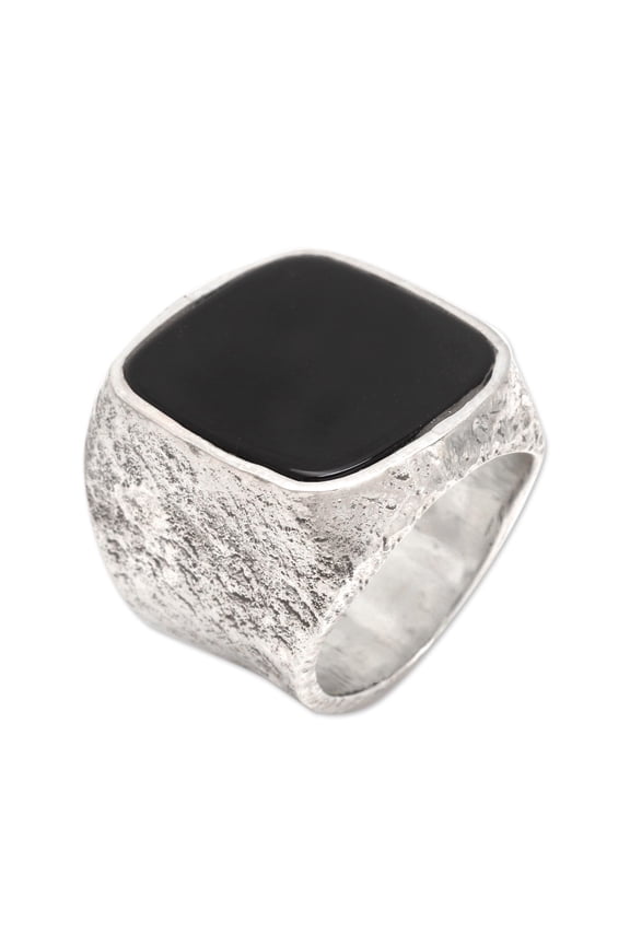 Men's onyx signet ring, 'Night Window'