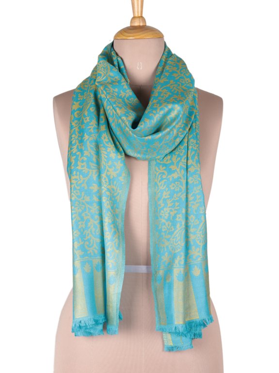 Artisan Handmade Modal Jacquard Shawl Woven Turquoise Maize Accessories Shawls Blue Jaquard India Paisley ' Paisley Fanfare in Maize'