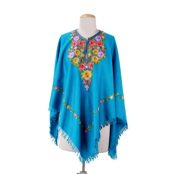 NOVICA Artisan Handmade Wool Poncho Artisan Crafted 100% Blue with Floral Embroidery Rayon Clothing Multicolor Embroidered India ' Colorful Affair'