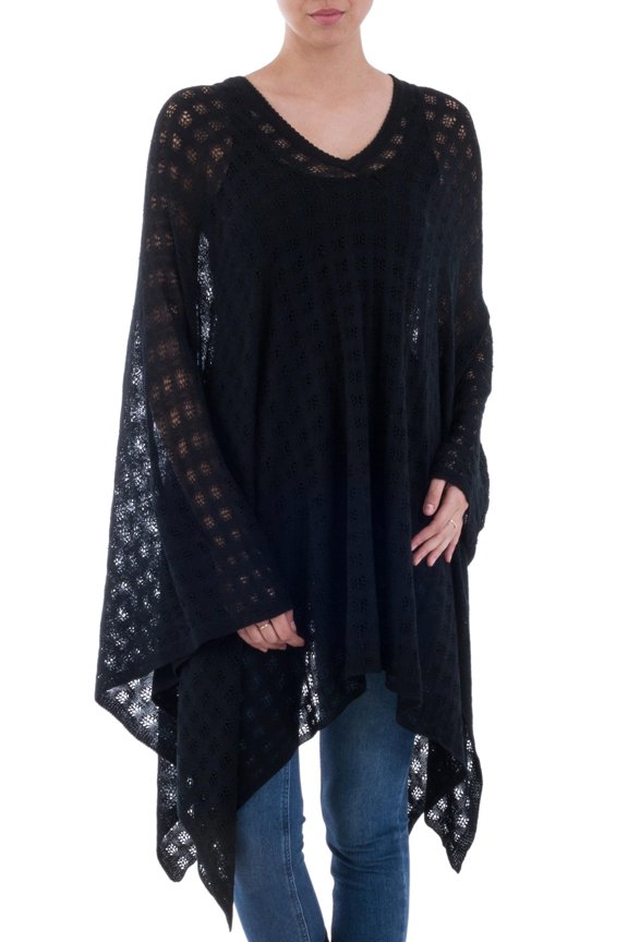 Artisan Handmade Baby Alpaca Blend Poncho Black Bohemian Style One Size Fits Most from Peru Wool Clothing Patterned ' Beautiful Shadow'
