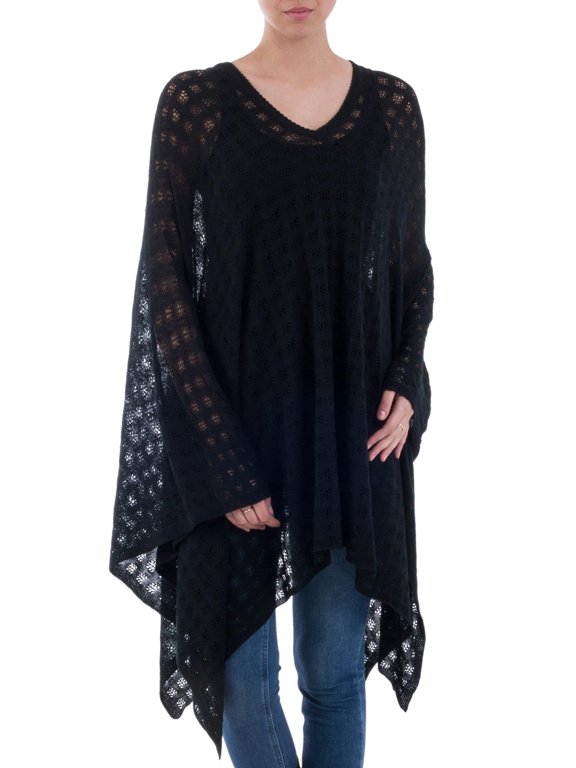 Artisan Handmade Baby Alpaca Blend Poncho Black Bohemian Style One Size Fits Most from Peru Wool Clothing Patterned ' Beautiful Shadow'