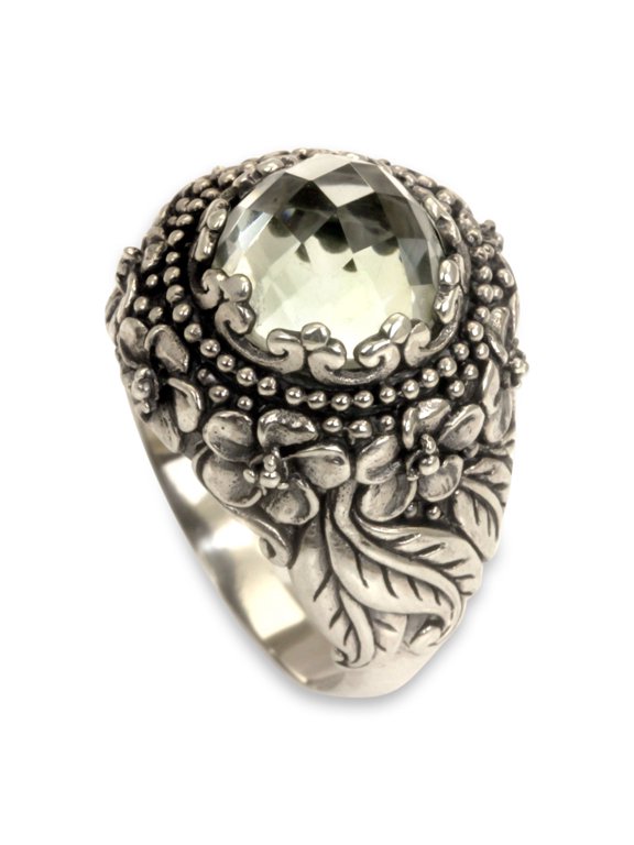 Prasiolite Graceful Plumeria Artisan Women's Jewelry Cocktail Ring