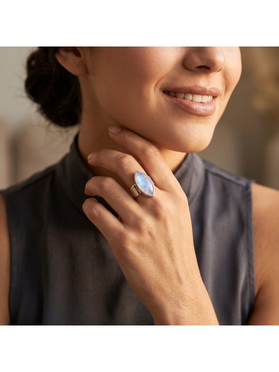 Rainbow moonstone solitaire ring, 'Asymmetry'