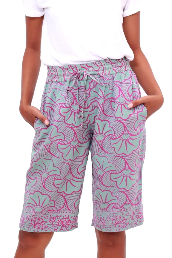 Artisan Handmade Rayon Batik Bermuda Shorts in Mint Magenta from Bali Clothing Pants Green Fuchsia Printed Indonesia Leaf Tree ' Gingko Leaf'