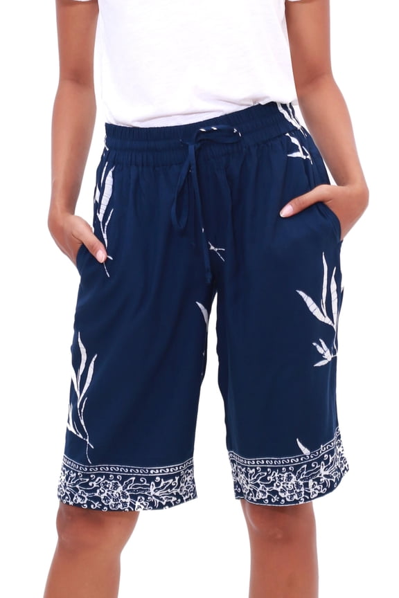 Artisan Handmade Rayon Batik Bermuda Shorts in Midnight White from Bali Clothing Pants Blue Printed Indonesia Leaf Tree Floral ' Midnight Fall'