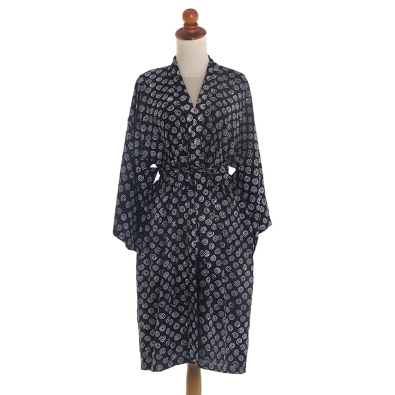 NOVICA Artisan Handmade Rayon Short Robe White Swirls Black Clothing Printed Indonesia Floral ' Sensational Swirls'