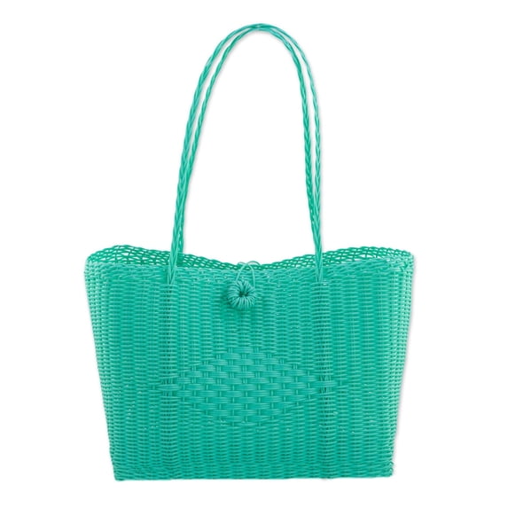 NOVICA Turquoise Blue Recycled Plastic Tote Handbag, 'Bright Morning'