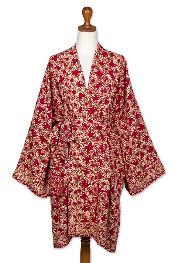 Red Short Rayon Batik Robe, 'Ruby Red Nebula'