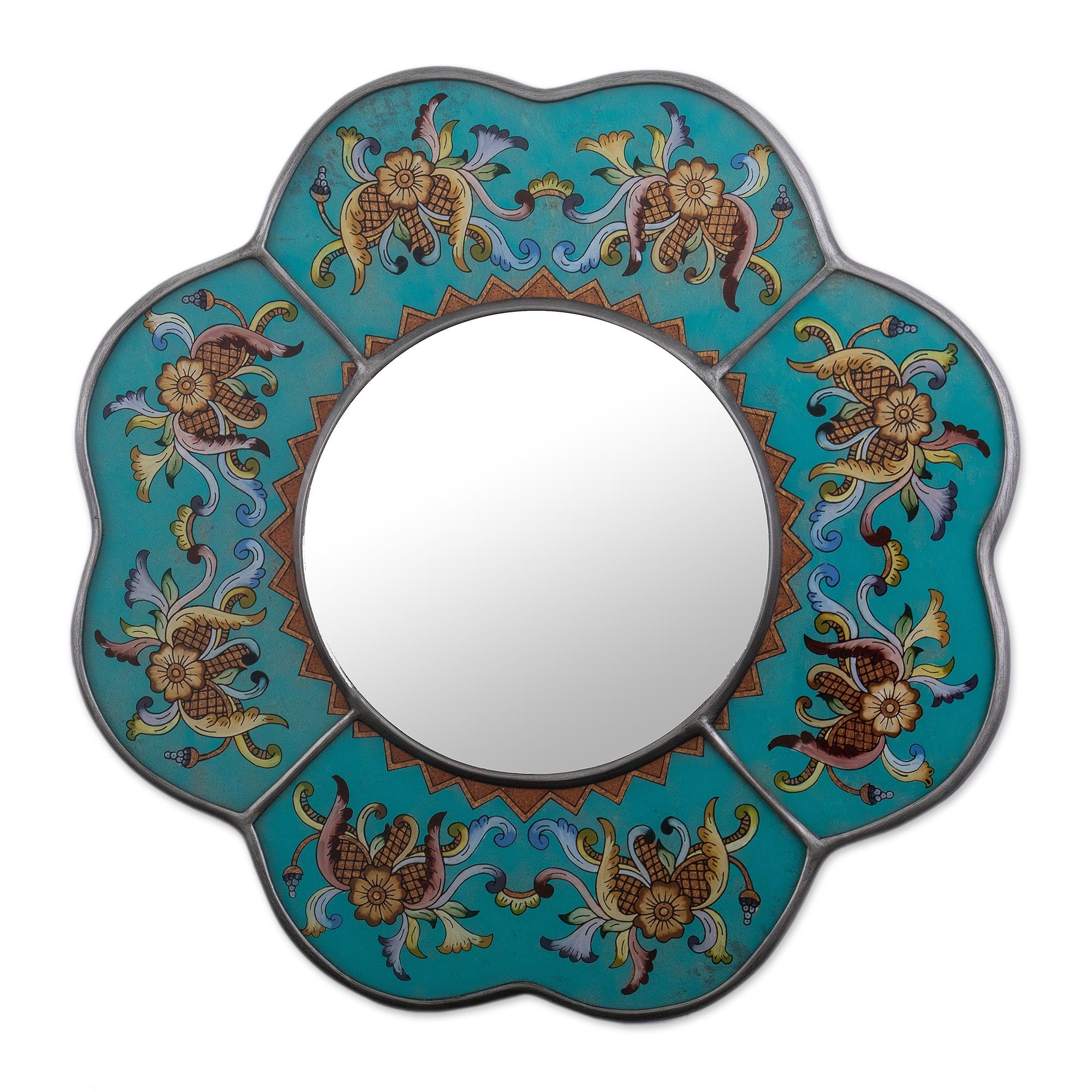 Turquoise Floral Reverse-Painted Glass Wall Mirror with Silver Trim