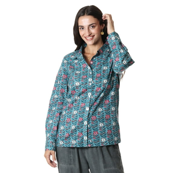 NOVICA Artisan Handmade Floral Cotton Blouse Printed Long Sleeve Shirt Clothing Multicolor Casual Shirts India ' Floral Saga'