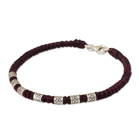 NOVICA Artisan Handmade Silver Accent Wristband Bracelet 950 from Thailand Sterling Burgundy Hill Tribe [7.75 in L 4 mm W] ' Happy Flower in Maroon'