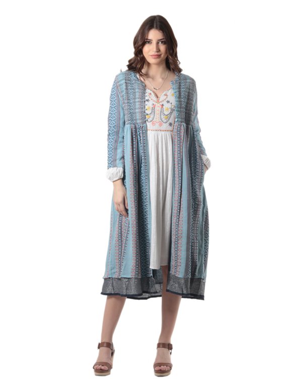 Artisan Handmade Smocked Cotton Duster Handloomed Long Jacket Clothing Coat Blue Patternedembroidered India Woven ' Jaipur Heritage'