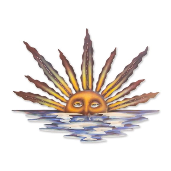 NOVICA Artisan Handmade Steel Wall Art Sun and Moon Yellow Mexico Decor Beach Cottage Tropical Nature 'Sunset in Sayulita'