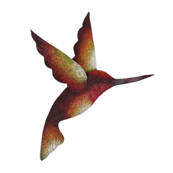 NOVICA Artisan Handmade Steel Wall Sculpture Yellow Red Mexico Decor Animal Themed [9in H x 9.25in W x 3in D] 'Delightful Hummingbird'