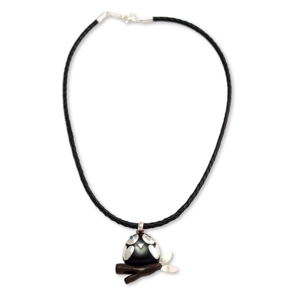 NOVICA Sterling silver and leather pendant necklace, 'Clever Owl'