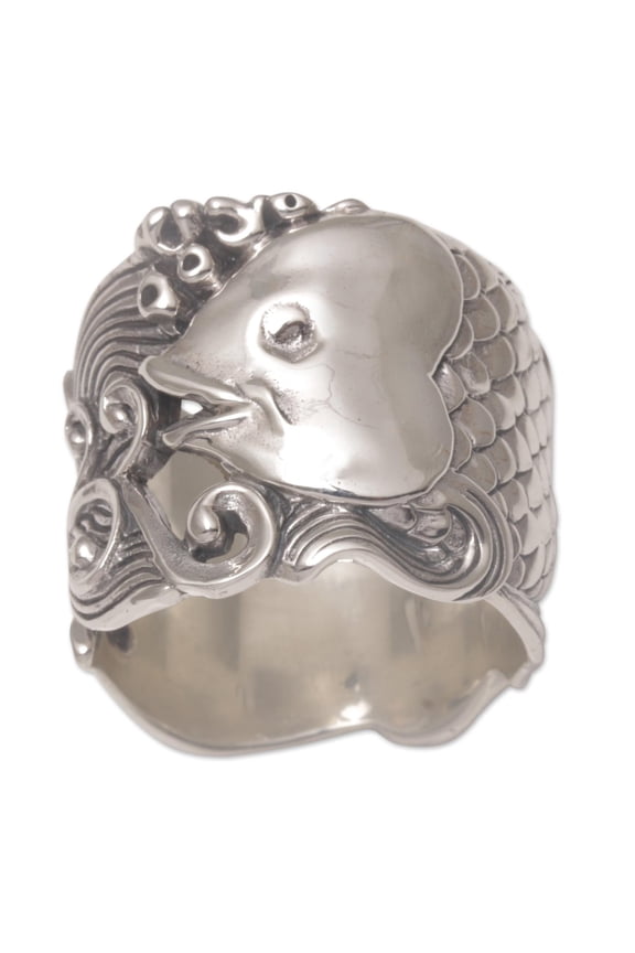 Artisan Handmade .925 Sterling Silver Band Ring Fishthemed from Bali Indonesia Animal Fish sea Life [band Width 19 mm W] 'Guardian Koi'