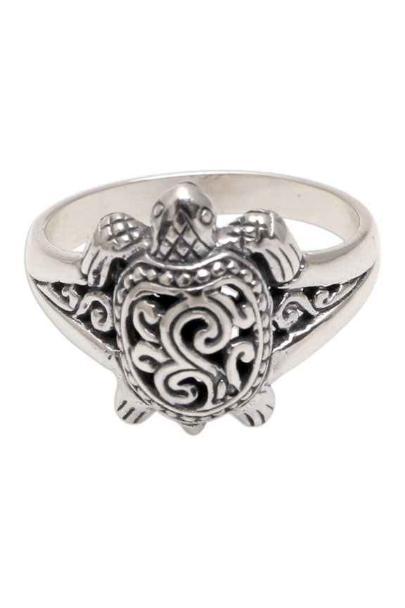 Artisan Handmade .925 Sterling Silver Band Ring Sea Turtle from Bali Indonesia Animal Themed 'Ancient Turtle'