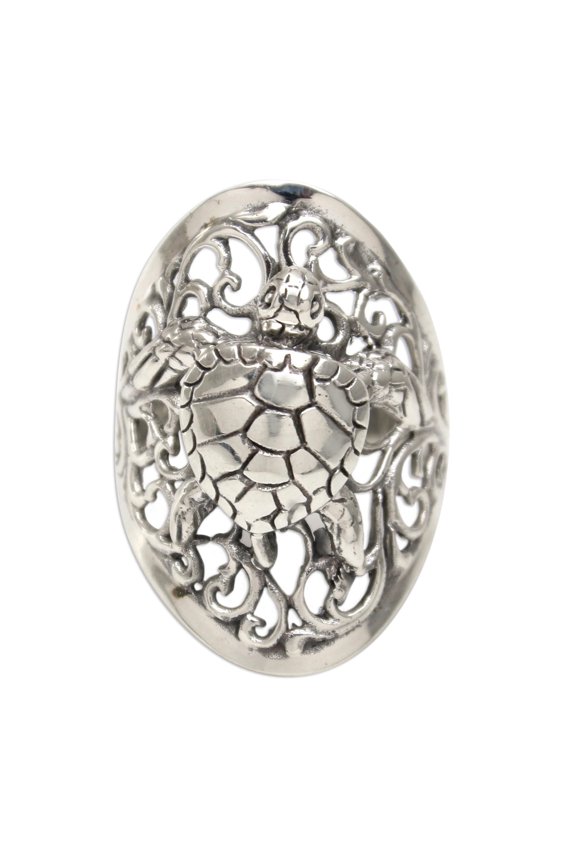 Sterling silver cocktail ring, 'Elegant Sea Turtle'