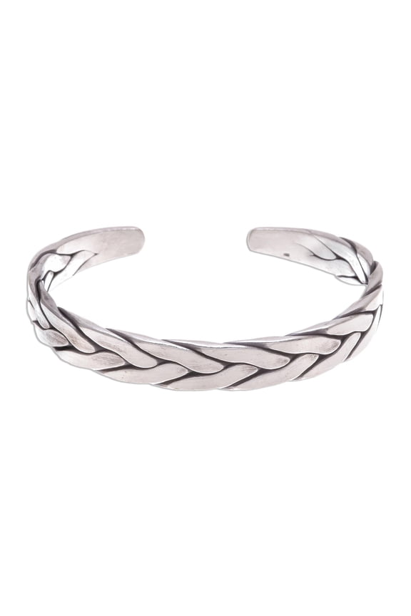 Artisan Handmade Sterling Silver Cuff Bracelet Thai Braided Thailand Hill Tribe [6.25 in L (end to End) x 0.4 in W] ' Mountain Streams'