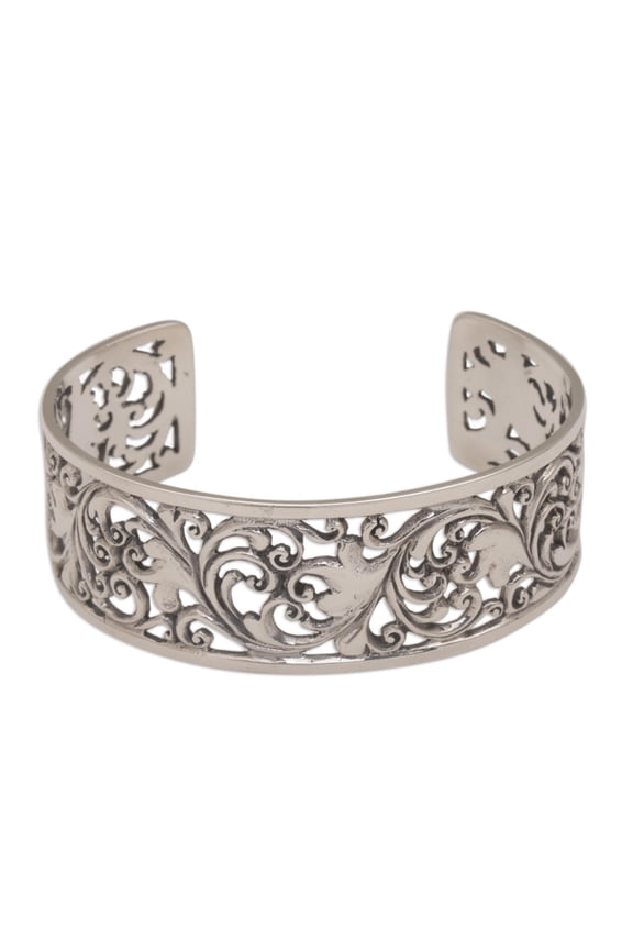 Artisan Handmade Sterling Silver Cuff Bracelet Detailed Vine Leaf Indonesia Tree [6 in L (end to End) x 0.9 in W] ' Undergrowth'