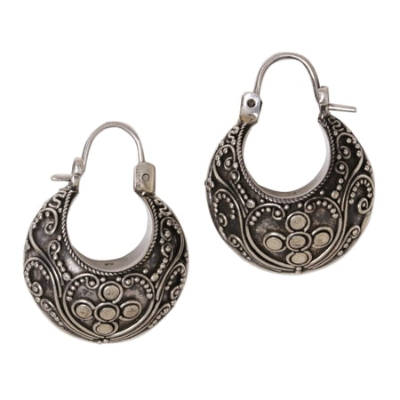 NOVICA Artisan Handmade .925 Sterling Silver Hoop Earrings Floral Indonesia 'Bali Paradise'