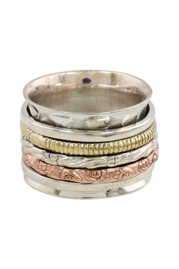 Sterling silver meditation spinner ring, 'Five Senses'