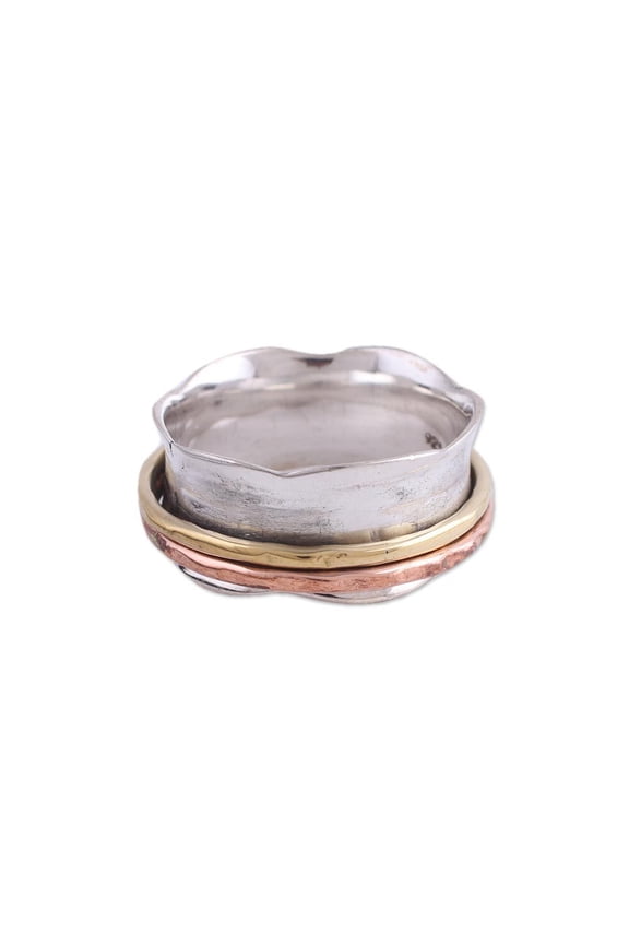 Artisan Handmade Sterling Silver Meditation Spinner Ring Copper Brass India Floral [band Width 7 mm W] ' Wavy Cyclone'