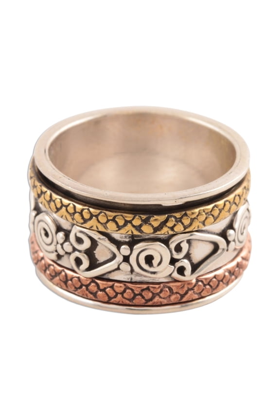 Artisan Handmade .925 Sterling Silver Spinner Ring Crafted India Brass Copper Band Meditation [11 mm W] 'Creative Hearts'