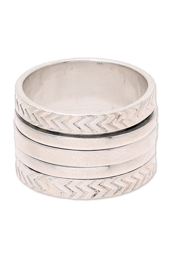 Artisan Handmade .925 Sterling Silver Spinner Ring from India Meditation [band Width 13 mm W] 'Gleaming Zigzag'